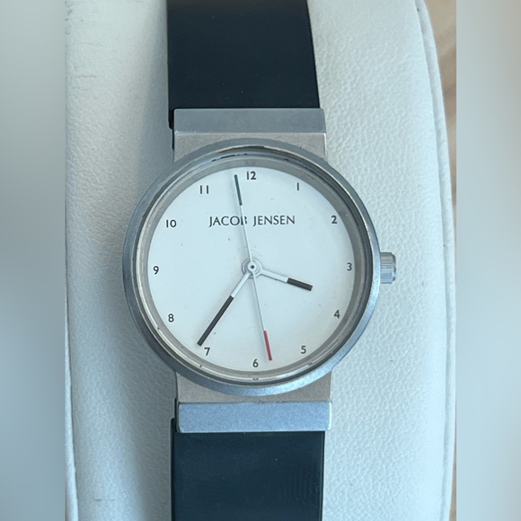 Jacob Jensen Ladies Watch White Dial Black Silicone Strap Swiss Designer - Picture 4 of 11